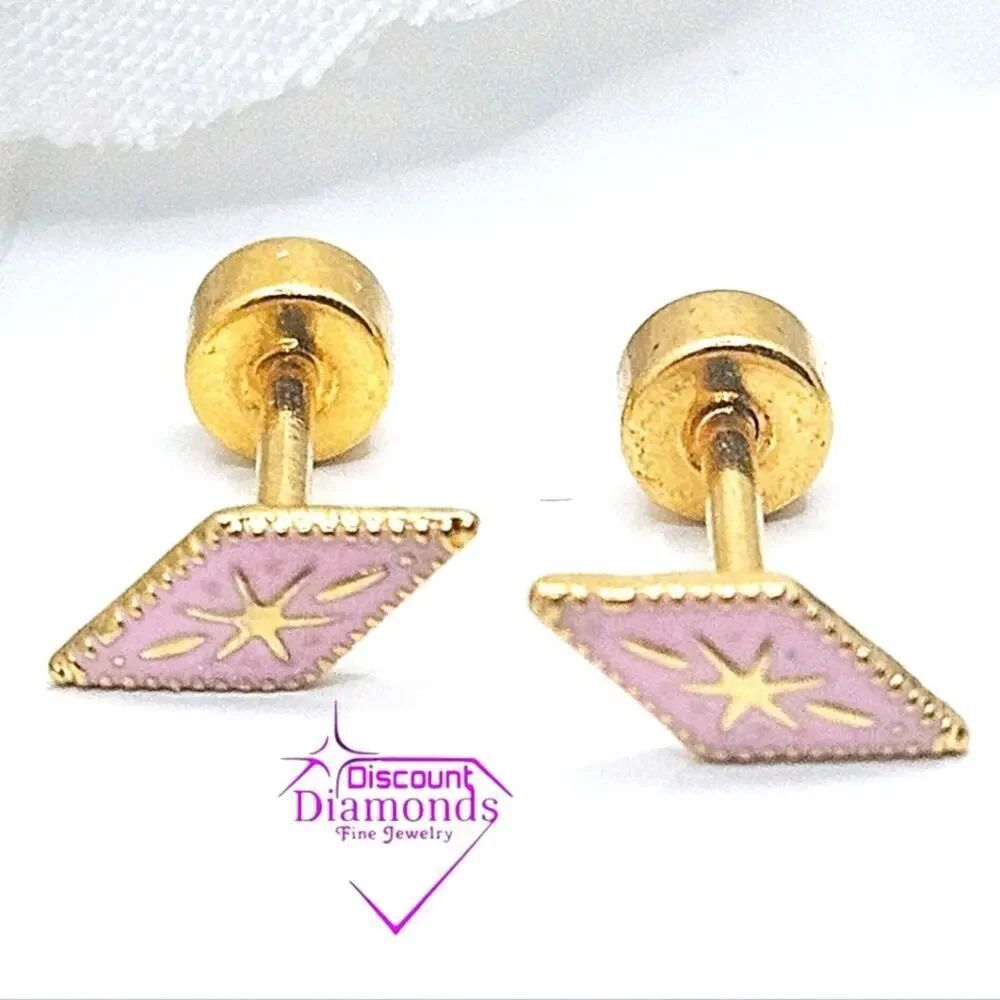 Dainty Pink 18K Yellow Gold Vintage Diamond Shaped Screw Back Earrings